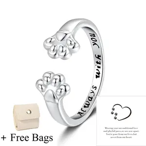 Cute Paw Print Ring for Women Always with You Adjustable Stacking Delicate Pet Animal Open Band Finger Chic Fashion Jewelry Puppy Lover Gift Free Bags