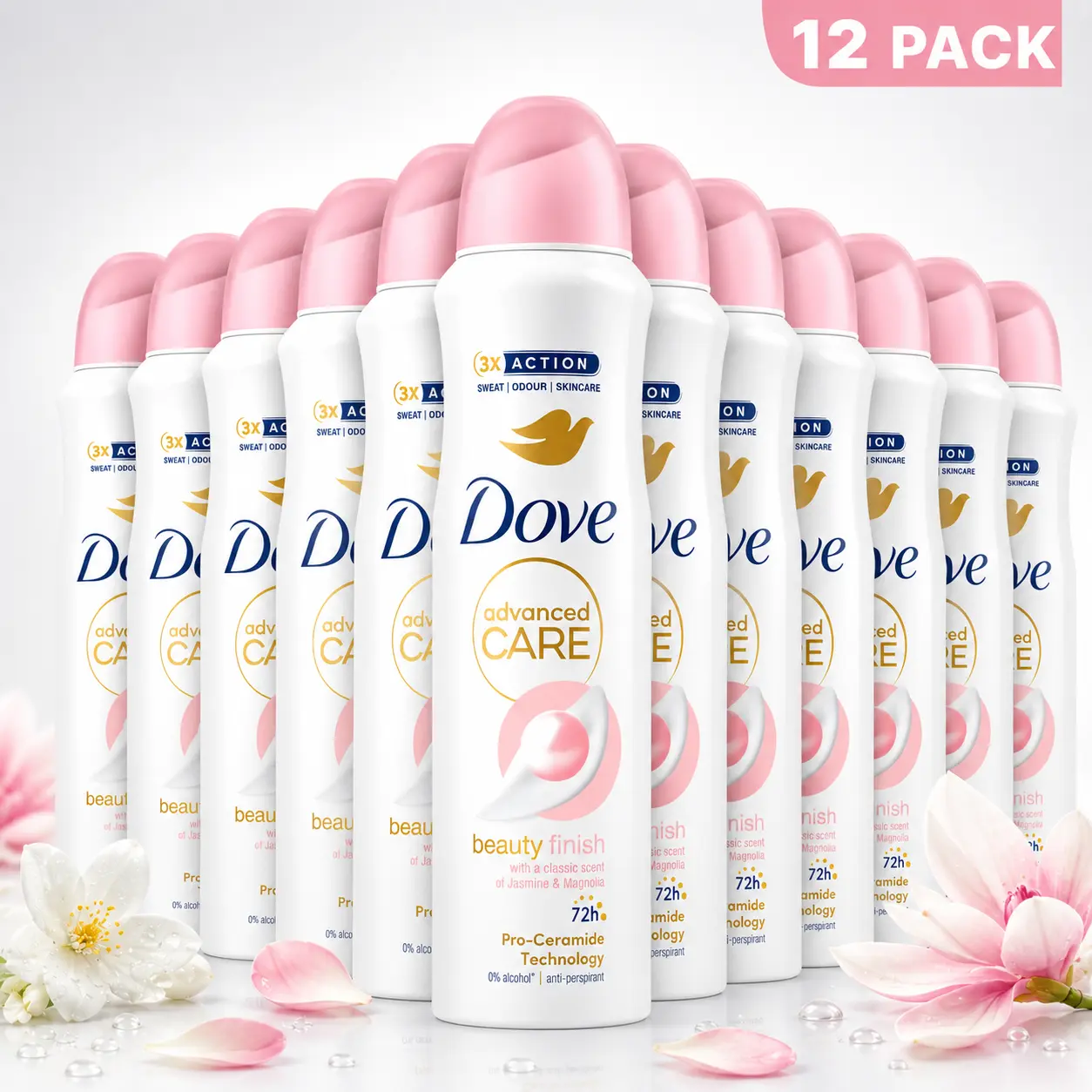 Dove Women's Advanced Care Anti-Perspirant Deodorant Spray, 72H Protection with Pro-Ceramide Technology, Beauty Finish Jasmine & Magnolia Fragrance, Body Care for Sensitive Skin, 12-Pack (5 oz), Workouts