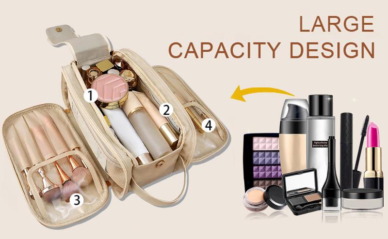Large Capacity Cosmetic Organizer ,Travel Makeup Bag Organizer, Large Capacity Toiletry Bags for Traveling, Flat Open Waterproof PU Leather Cosmetic Bag with Compartments and Handles