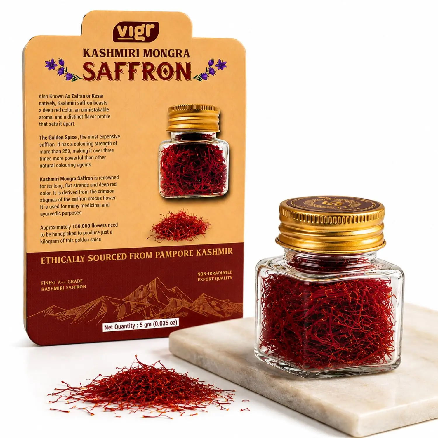Vigr Single Origin Kashmiri Mongra Saffron (Kesar) - Farm Direct from Pampore, Lab Tested & AYUSH Certified, Grade A++, 100% Pure Handpicked Threads, Highest Crocin Content, 1g & 5g (5g (0.176 oz))