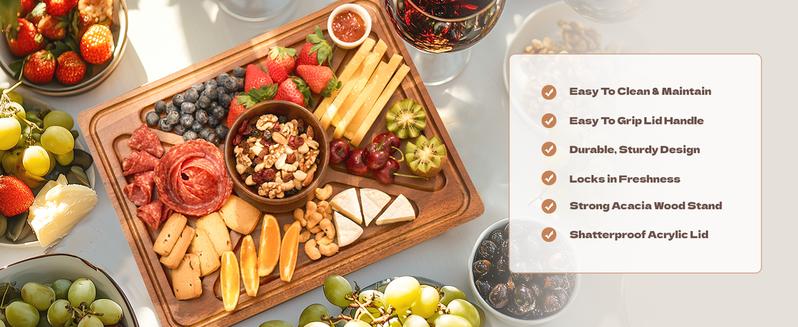 【NewYear2026】Acacia Wood Cake Stand 2in1 with Plastic Lid & Bowl-Square Cake Display Stand for Dessert/Fruit/Cheese/Chips/Donut-Organiser,Valentine’s Day Gift