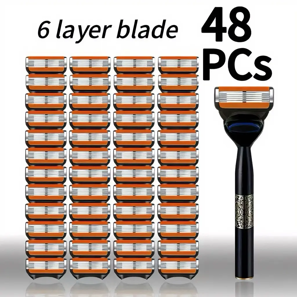Classic Men's Manual Shaving Set, 1 Handle + 48 Blades, 6-Layer Stainless Steel Razor, Smooth Comfortable Shave, Reusable Facial Care Tool