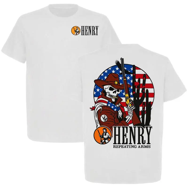 Graphic T-Shirt Henry Repeating Arms Cowboy Skeleton T-Shirt American Flag Graphic Tee Western Rifle Hunting Shirt Tactical Outdoor Apparel Gift For Men, unisex western cowboy tactical cotton tee USA flag streetwear casual summer shirt