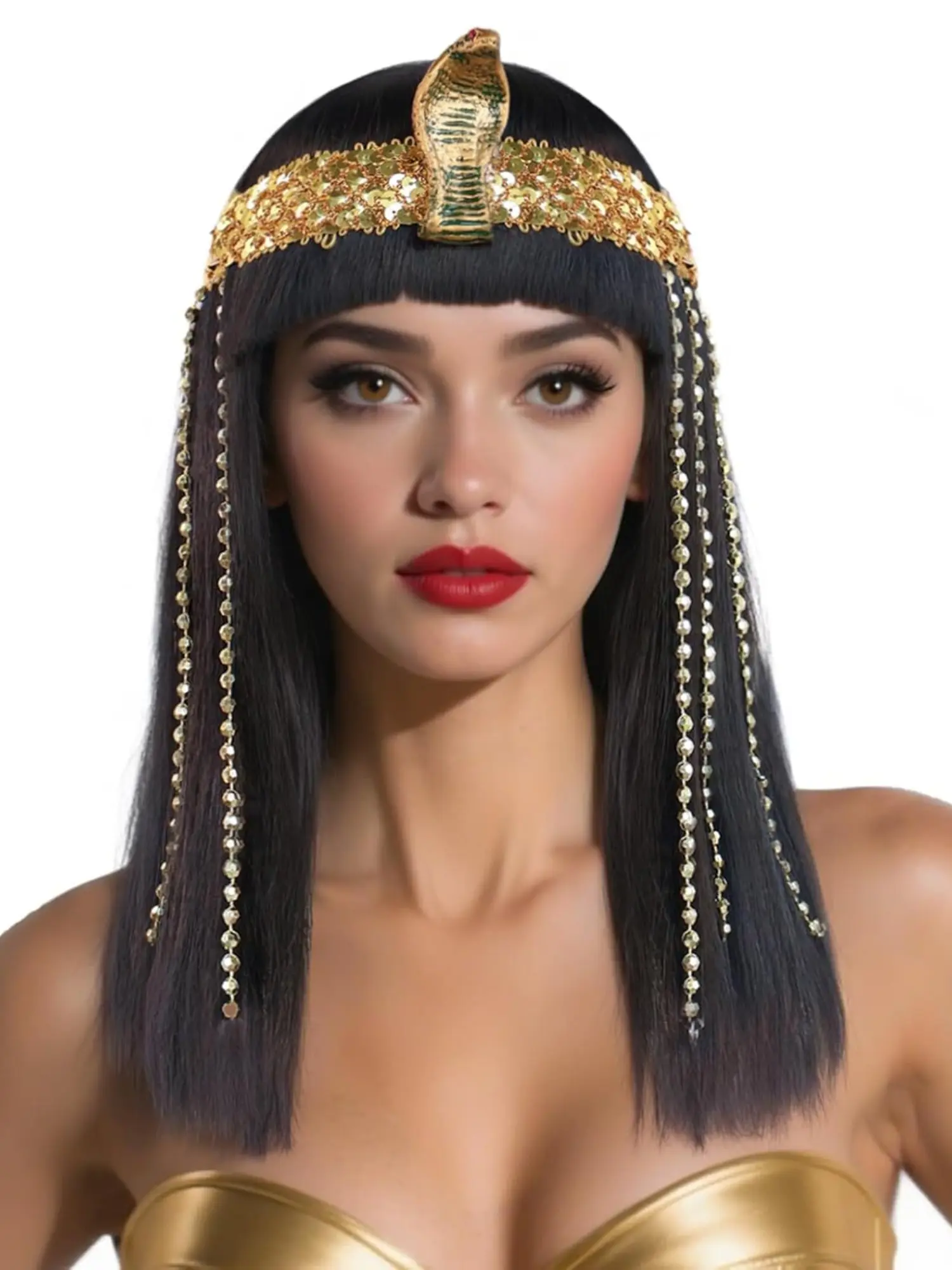 Cleopatra Wig for Women with Bangs, Synthetic Wigs, Artificial Wig, Egyptian Cleopatra Cosplay Wig with Headdress, Short Straight Bob Hair for Halloween Costume