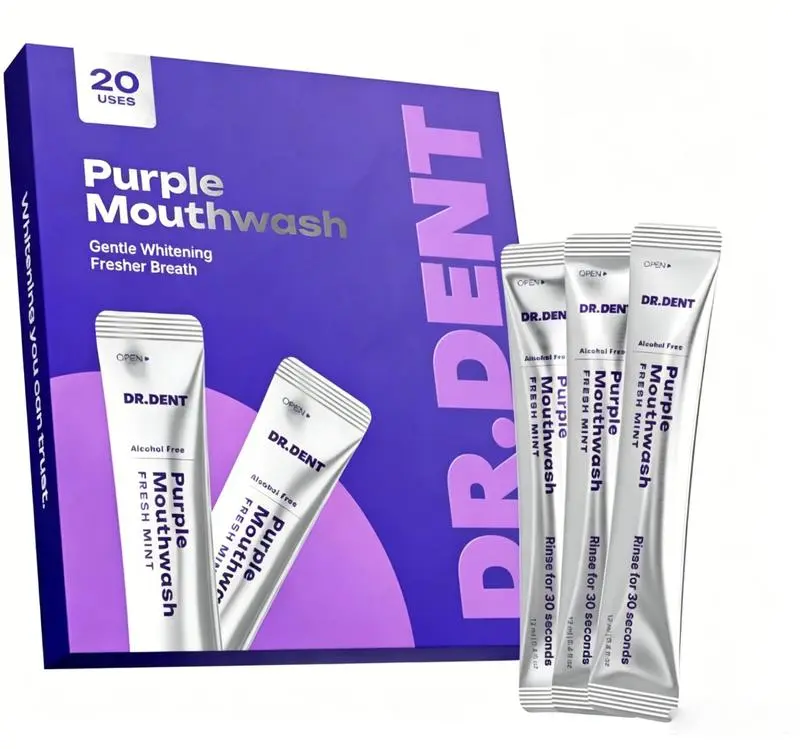 DR.DENT Purple Mouthwash Sachets 20‑Pack, Alcohol‑Free, Peroxide‑Free, Vegan Mint Flavor