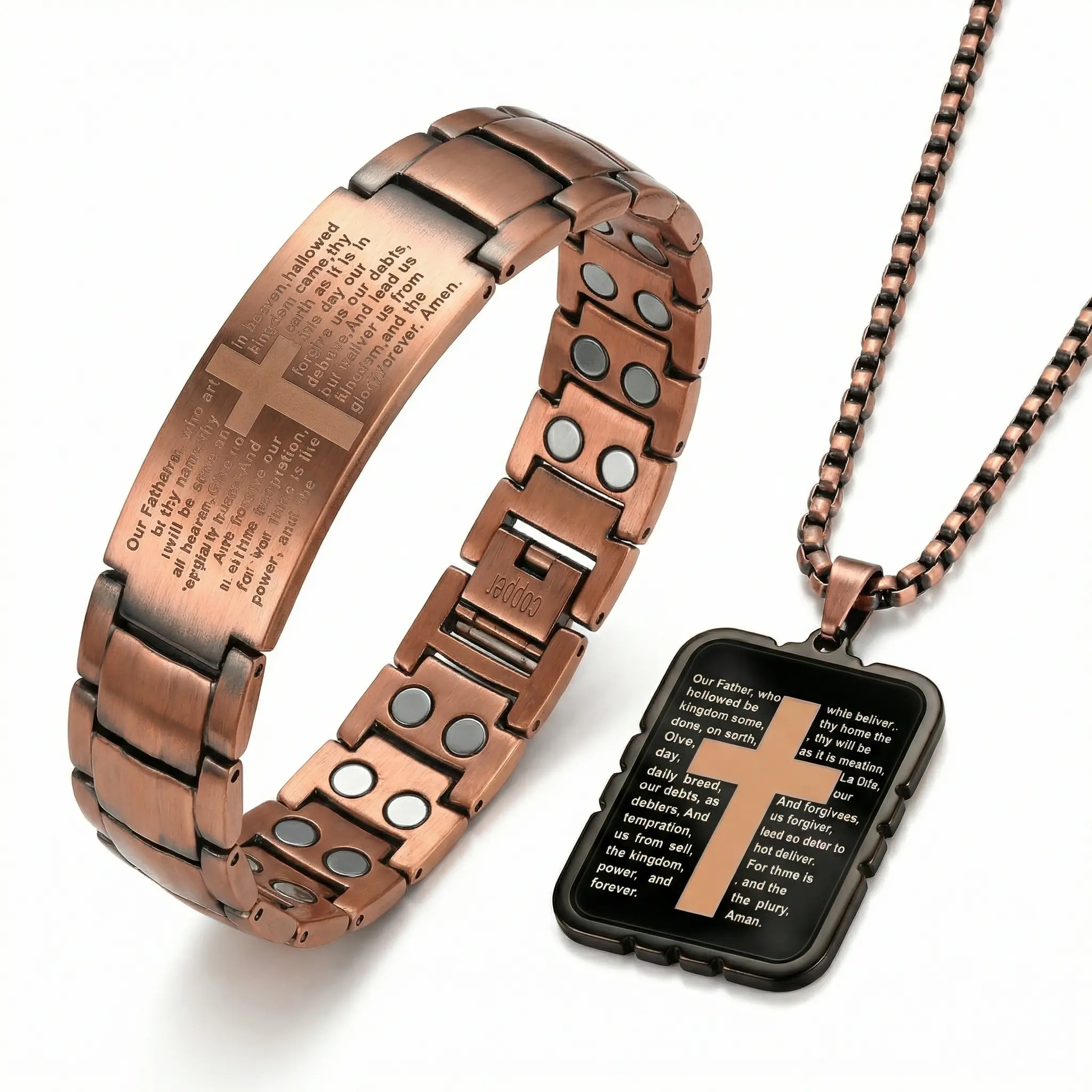 Nandudu Men's Copper Magnetic Engraved Cross Jewelry Set Pair - Faith Symbol Accessories Set with Engraved Text Bracelet and Necklace, Ideal Religious Gift