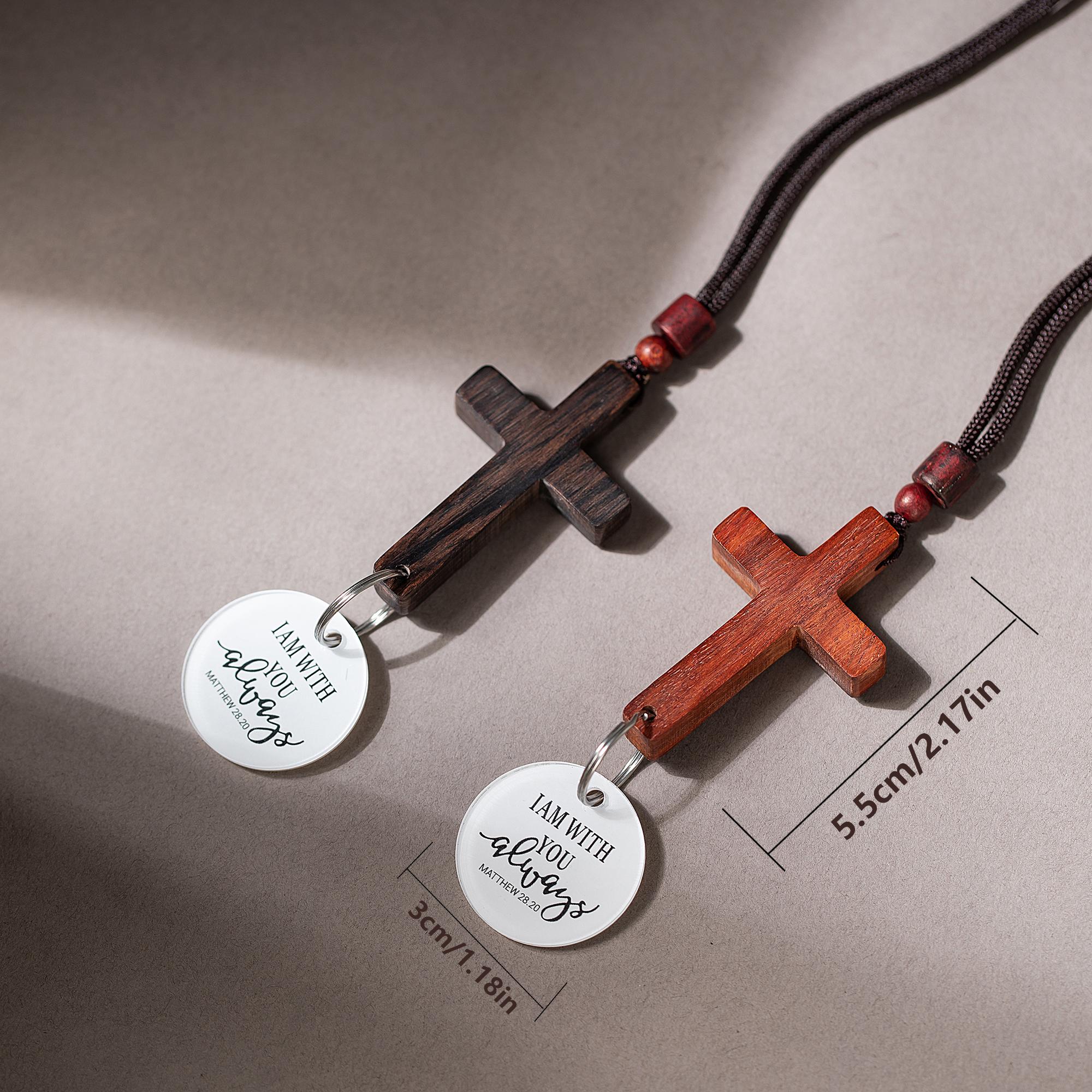 Bible Verse Car Rearview Hanging Cross Ornament "I Am With You Always" Solid Sandalwood Carving Hand-Sanded Christian Accessory for Car Mirror Decor Spiritual Touch Ideal Gift for Holidays - Automotive