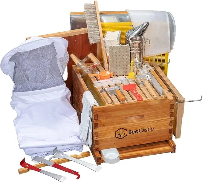 BeeCastle Complete 8/10 Frame Deep/Brood Langstroth  Beehive for Starter Beekeeping Supplies with 22 Pieces Kit and Accessories Stick Wood Brush Home Garden for beginner pro beekeeper