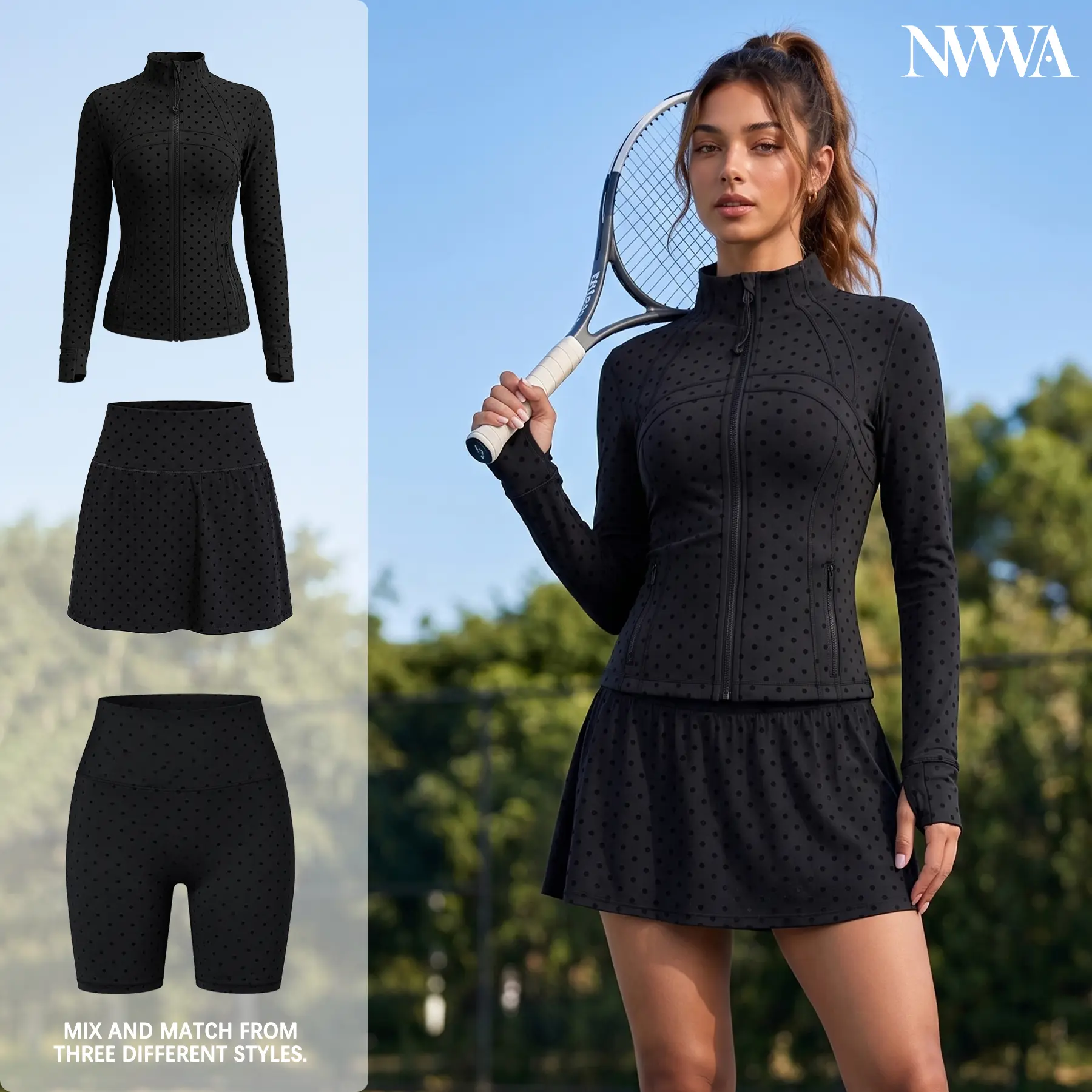 Women's Slim Fit Polka Dot Set with Stand Collar Jacket, Breathable Stretch Polyester Clothes, Quick Dry Activewear for Gym,back to school,back to school haul