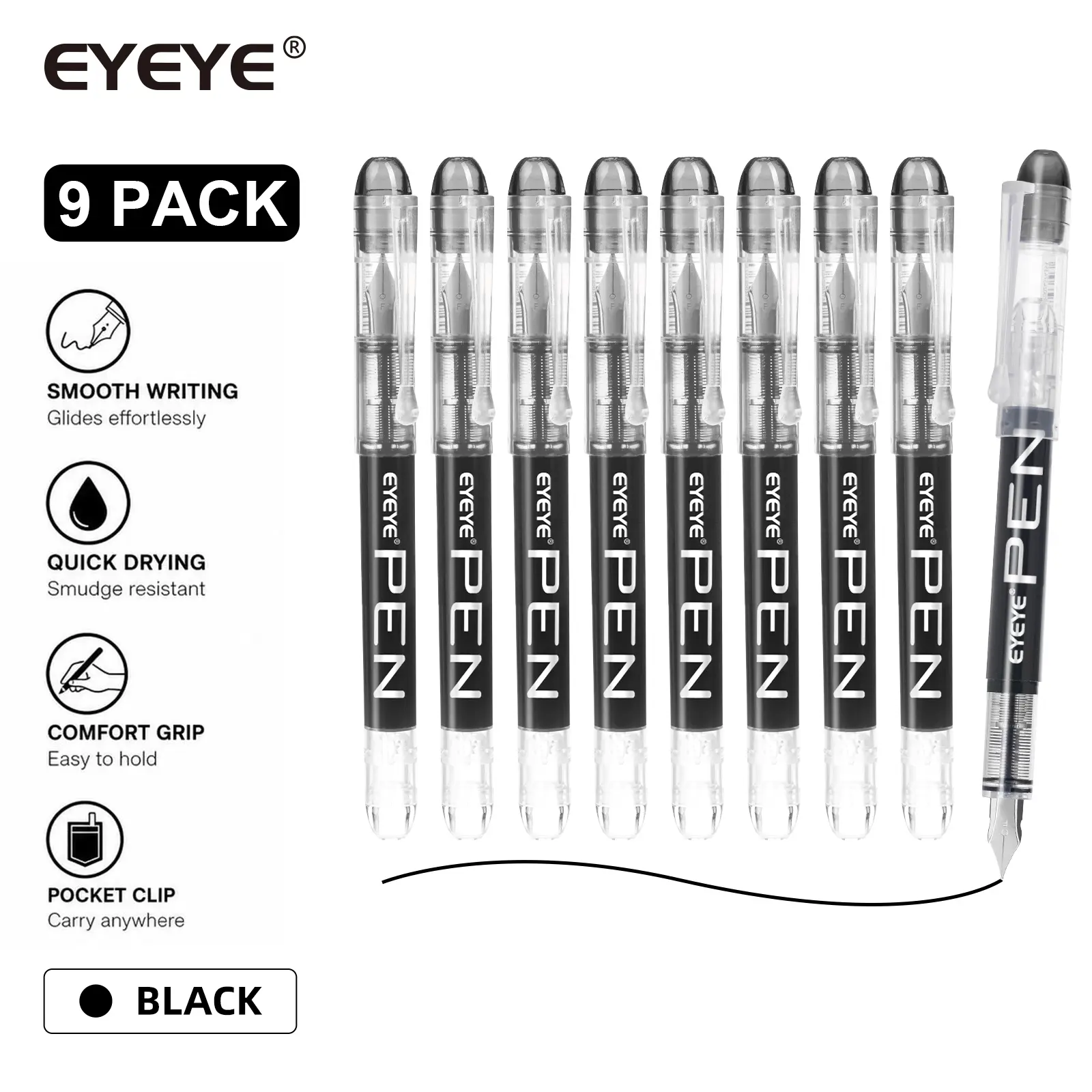 EYEYE Fountain Pens, 9-Pack Assorted Colors, Disposable Fountain Pens with Stainless Steel Nib, School Essentials, Smooth Writing Office Accessories, Fine Tip for Drawing, Calligraphy, Sketching, Journaling, Art Pens Fountain Pen Set
