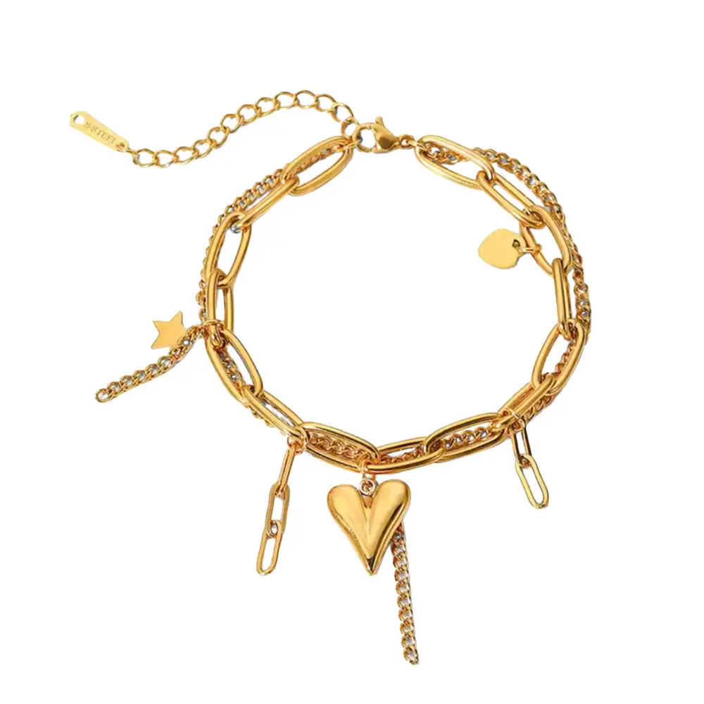 Chained Heart and Star Charm Bracelet - Stainless Steel