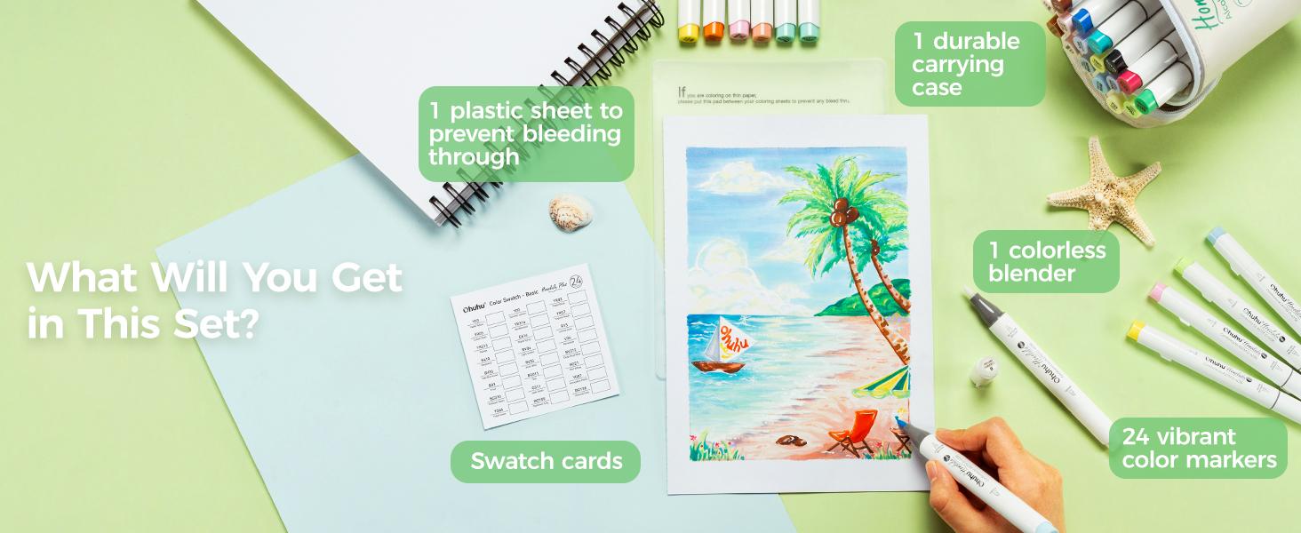 Ohuhu Alcohol Brush Markers: Supreme Brush& Chisel Dual Tips  - 24 colors - Alcohol-based Art Marker Set for Artist Adult Coloring Book Illustrations- Refillable - Honolulu Plus Series of Ohuhuart