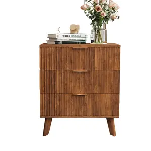 Giratree Mid-Century 3 Drawer Nightstand, Modern Wood Bedside Table with Wave Door Design, Solid Wood Legs, Bedroom Storage Cabinet, Contemporary Side Table