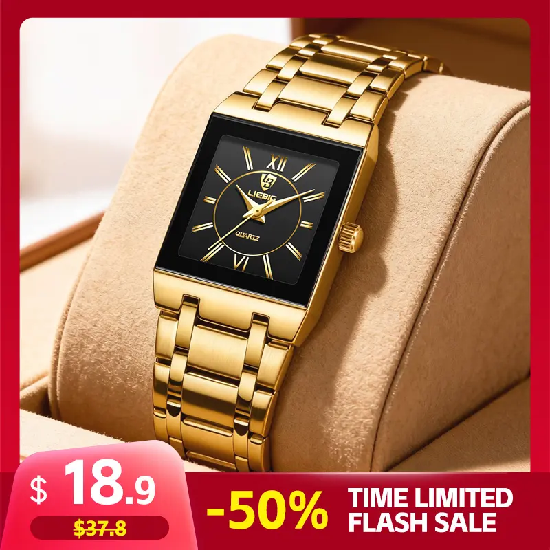 LIEBIG Women's Casual Quartz Watch, Retro Elegant Square Gold Dial with Stainless Steel Strap, 3ATM Waterproof Analog Display, High Quality Watch