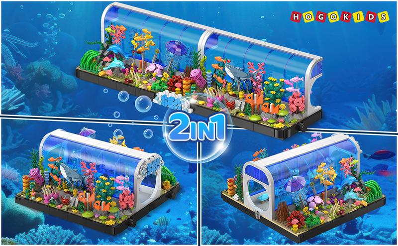 HOGOKIDS Aquarium Building Set 2 Styles Oceanarium Toy with Dolphins, Sharks, Crabs, Turtles, Clownfish, Marine Life, 1316PCS Undersea World Magnetic Blocks for Ages 6-12