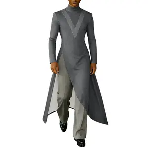 INCERUN Men's Spring-Autumn Fashion Long Sleeve Tunic T-Shirt - Ribbed Mock Neck, High Slit Asymmetric Hem, Sheer Fabric, Avant-Garde Streetwear Menswear Top