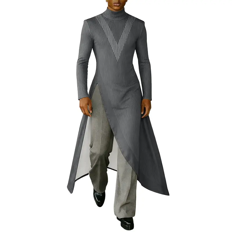 INCERUN Men's Spring-Autumn Fashion Long Sleeve Tunic T-Shirt - Ribbed Mock Neck, High Slit Asymmetric Hem, Sheer Fabric, Avant-Garde Streetwear Menswear Top