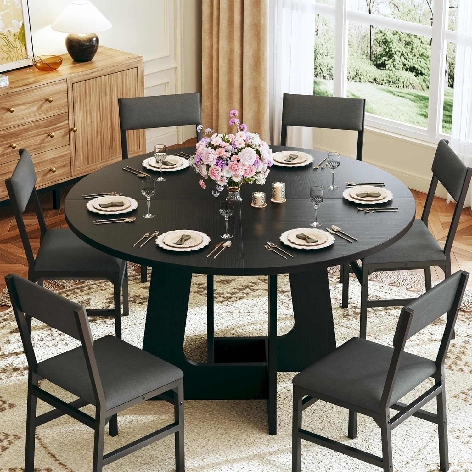 Round Dining Table Set for 6, 7-Piece Kitchen Table and Chairs for 6, 47'' Round Dining Room Table Set with 6 Chairs, Space Saving Dining Table with Wood Base for Kitchen, Living Room, Black Round Dining Table Set for 6, 7-Piece Kitchen Table and Chairs for 6, 47'' Round Dining Room Table Set with 6 Chairs, Space Saving Dining Table with Wood Base for Kitchen, Living Room, Black