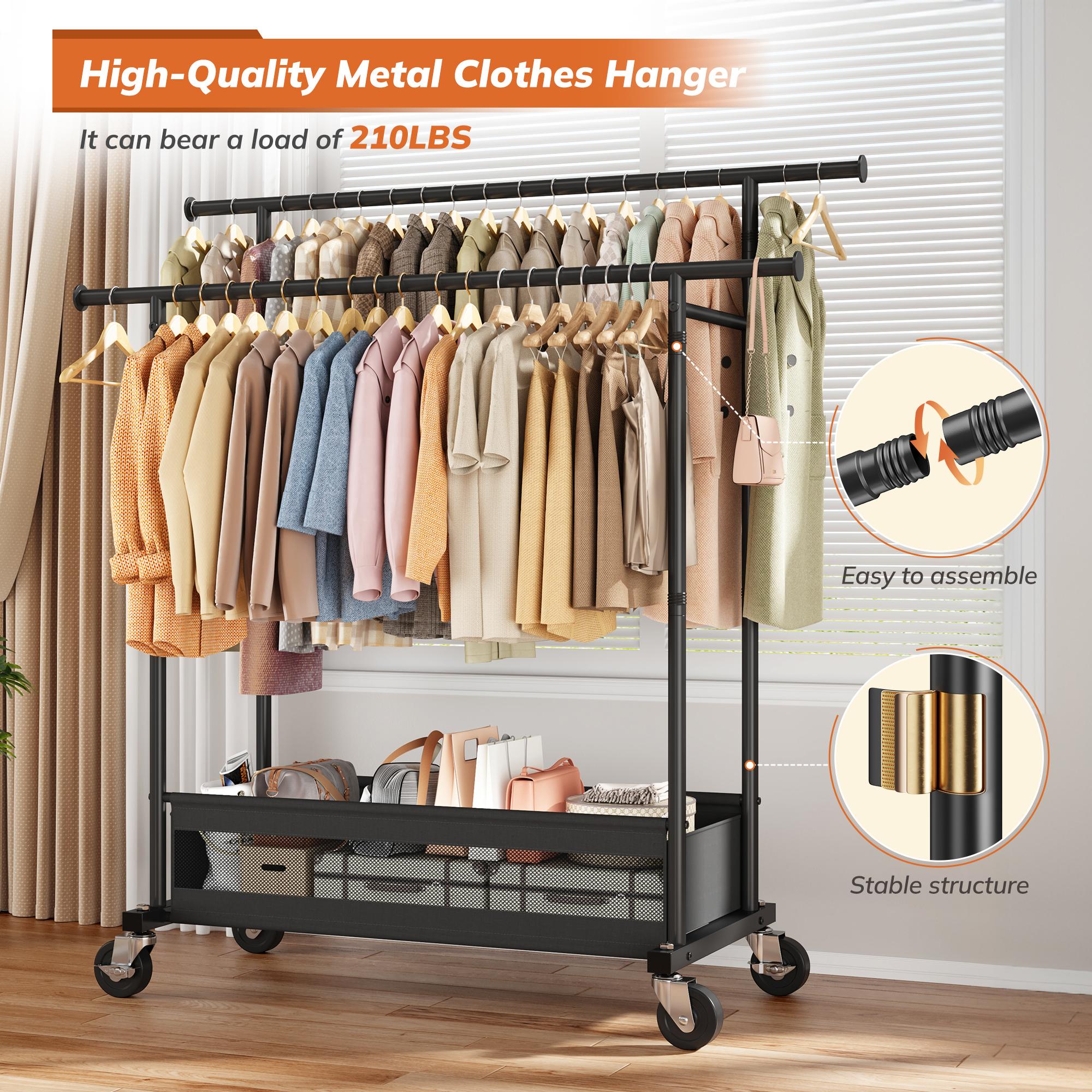 Raybee Clothing Rack with Shelves &Double Hanging Rods, Portable Clothes Rack with Wheels Rolling Garment Rack,  HangingClothing racks Holds Up to 245LBS, Metal Closet Rack, Clothes Organizer Solutions 43.3"Wx22"Dx70.3"H
