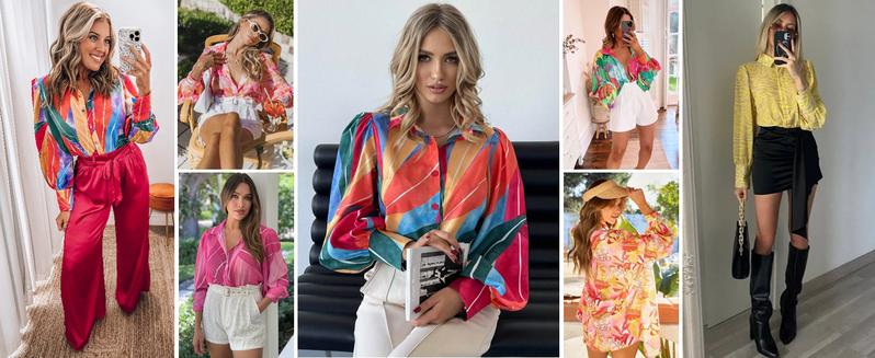 Women's Button Down Printed Lantern Long Sleeve Blouse Chic Collared Fitted Casual Tops Soft Fabric Feminine Patterned Blouse for Work Office Vacation Thin Spring