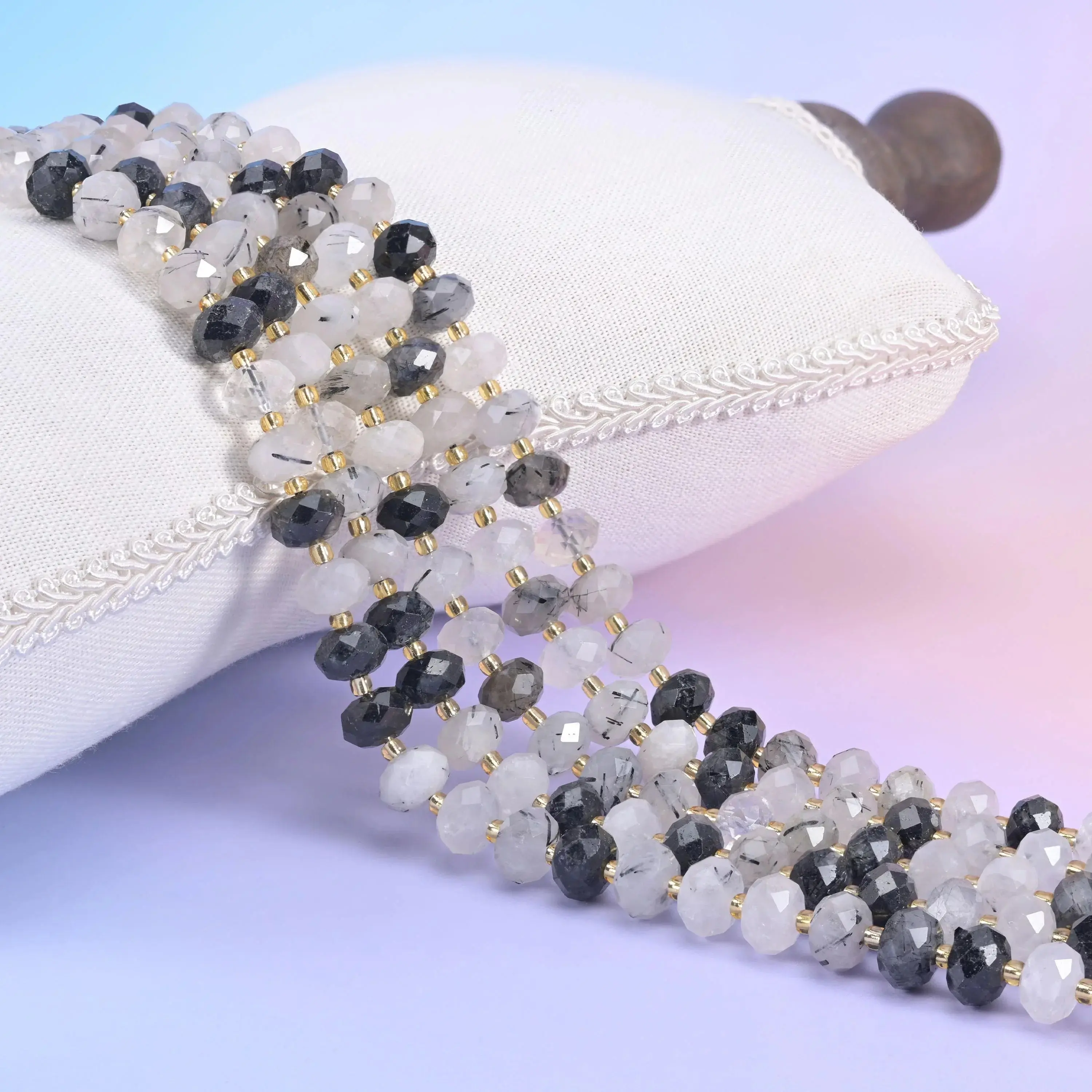 Black Rutilated Quartz Faceted Rondelle Beads - 6x10mm, 1.0mm Drilled Hole, 43 Beads on 15.5 Inch Strand for DIY Beading & Jewelry Making