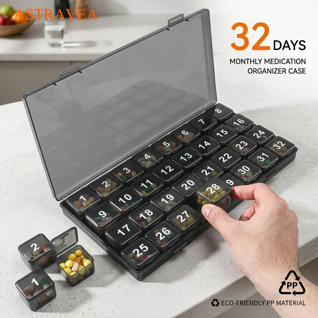 ASTRAVEA 31-Day Monthly Pill Organizer, Color(am+md+pm), Gentle Push-Open Arthritic Safe Plastic Pill Box with Double-Sided High-Capacity Monthly Prep, Removable Daily Pods for Forgetful Individuals