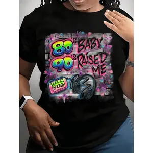 Women's T-Shirt with 80s 90s Raised Me Retro Pop Art Print, Neon Colors And Cassette Tape Design, Perfect for 90s Themed Parties And Casual Wear