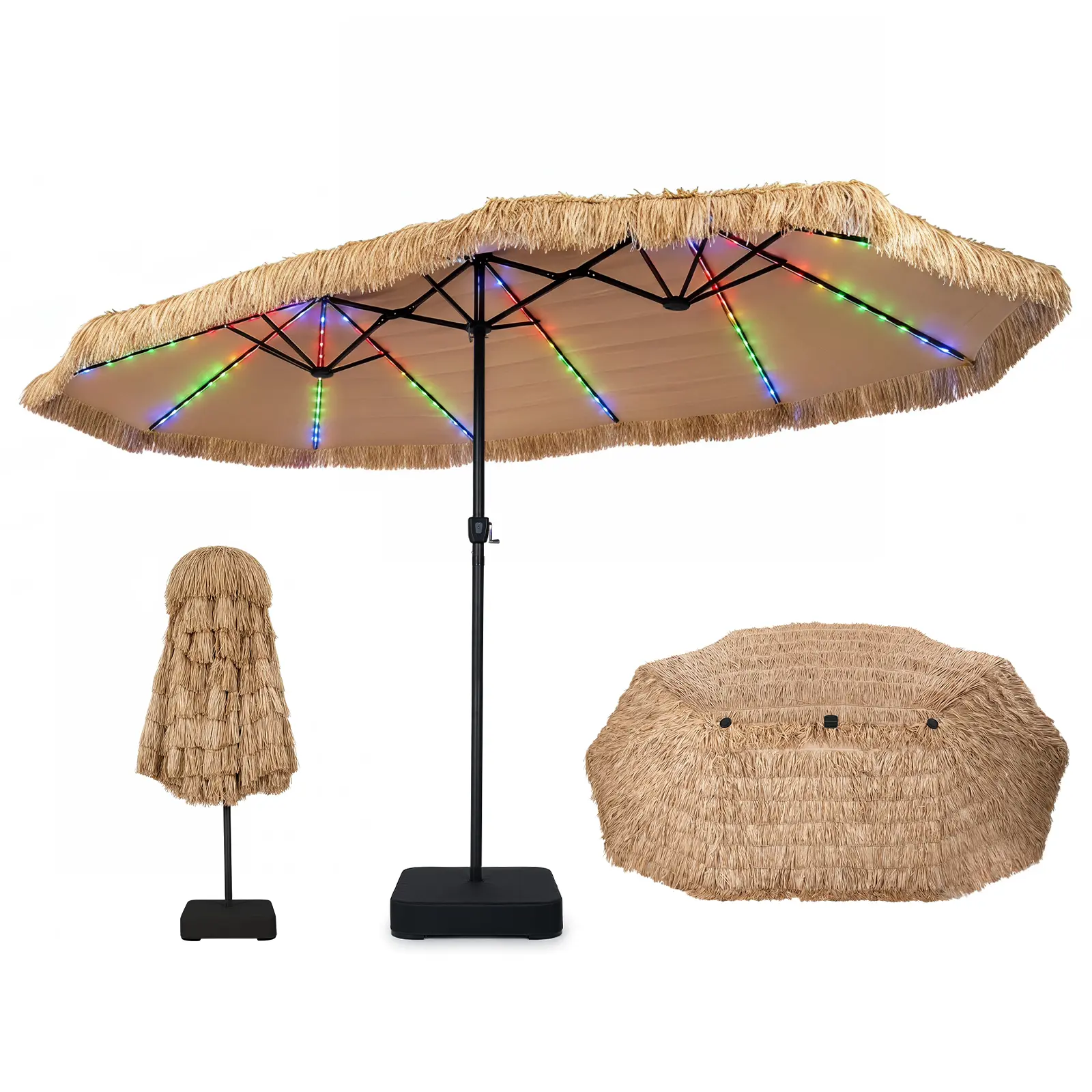 COSTWAY 15 FT Solar Tiki Patio Umbrella with Base Included, Double-sided Hawaiian Style Thatched Market Table Umbrella with144 Multi-colored Flowing LED Lights, 12 Modes, Crank Handle, 12 Ribs, PE Grass Outdoor Umbrell for Pool Deck Garden Backyard