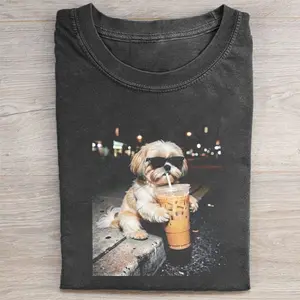 Shih Tzu Drinking Iced Coffee T-shirt, Vintage 90s Dog Meme Graphic Tee, Animal Lover Gift, Comfort Colors Style, Unisex Fit Design, Gift for Men and Women
