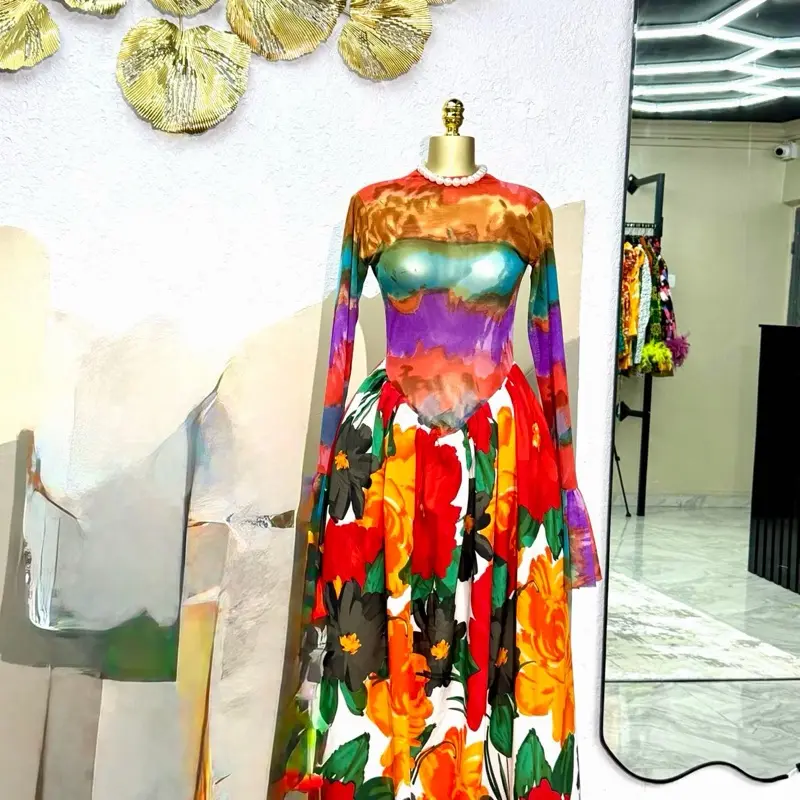 Women's Mesh-and-Crepe Long-Sleeve Ankara Dress