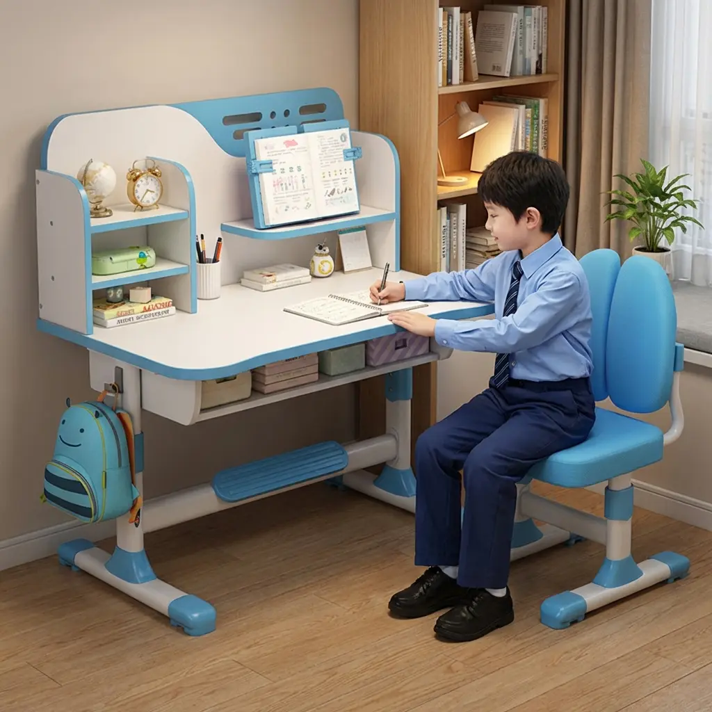 Kids Desk and Chair Set, Study Table and Chair, Desk for Kids, Children's Desks with Golden Distance Design, Homeschooling Writing Desk with Desktop for Boys and Girls