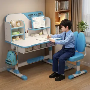 Kids Desk and Chair Set, Study Table and Chair, Desk for Kids, Children's Desks with Golden Distance Design, Homeschooling Writing Desk with Desktop for Boys and Girls