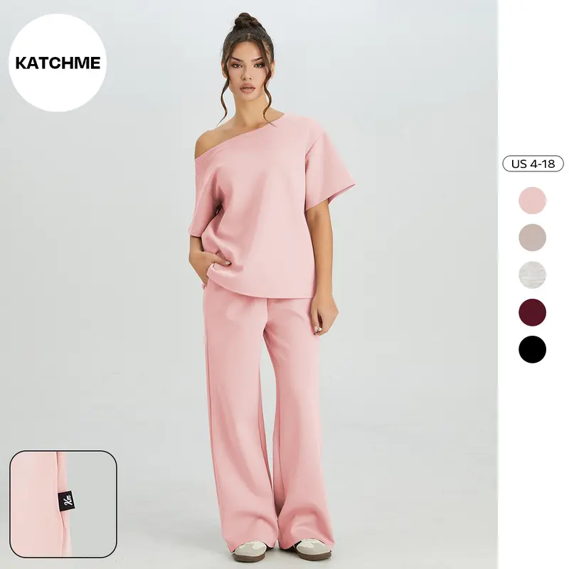 KatchMe Women's Simple Style Solid Color Sloping Shoulder Short Sleeve Top & Drawstring Waist Wide Leg Trousers Co-ord Set & Separates, Minimalist Womenswear