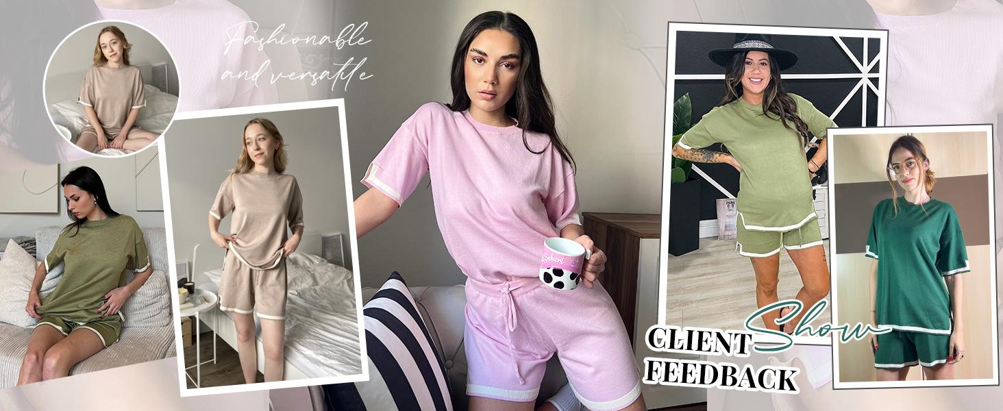 Ekouaer women's 2-piece knitted round neck short sleeved top with drawstring shorts set, 2-piece casual home wear