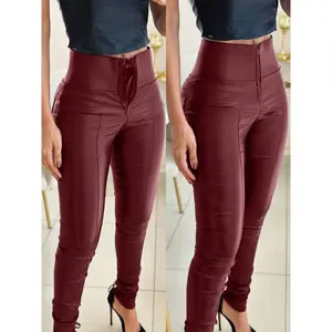 [Tummy Control Leather Pants] High-Waist Tummy Control Women's PU Leather Skinny Pants - Zipper Fly, Anti-Chafing Lining, Double-Layer Support, Red, Casual Style, Comfortable Fit Bottoms Womenswear Fabric Spandex