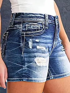 2026 New Retro Color-Block Embroidered Denim Shorts - Mid-Rise Slim Fit Stretch Jean Shorts for Spring/Summer, High-Quality Cotton Blue Casual Shorts
