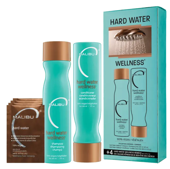 Malibu C Hard Water Wellness Collection - Hard Water Shampoo and Conditioner + Hard Water Mask Packets - Removes Hard Water Deposits & Impurities from Hair - Hydrating Hair Care