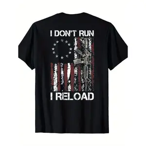 100% Cotton American Flag Patriots T-Shirt - 'I Don'T Run I Reload Gun' Design, Short Sleeve, Round Neck, Machine Washable