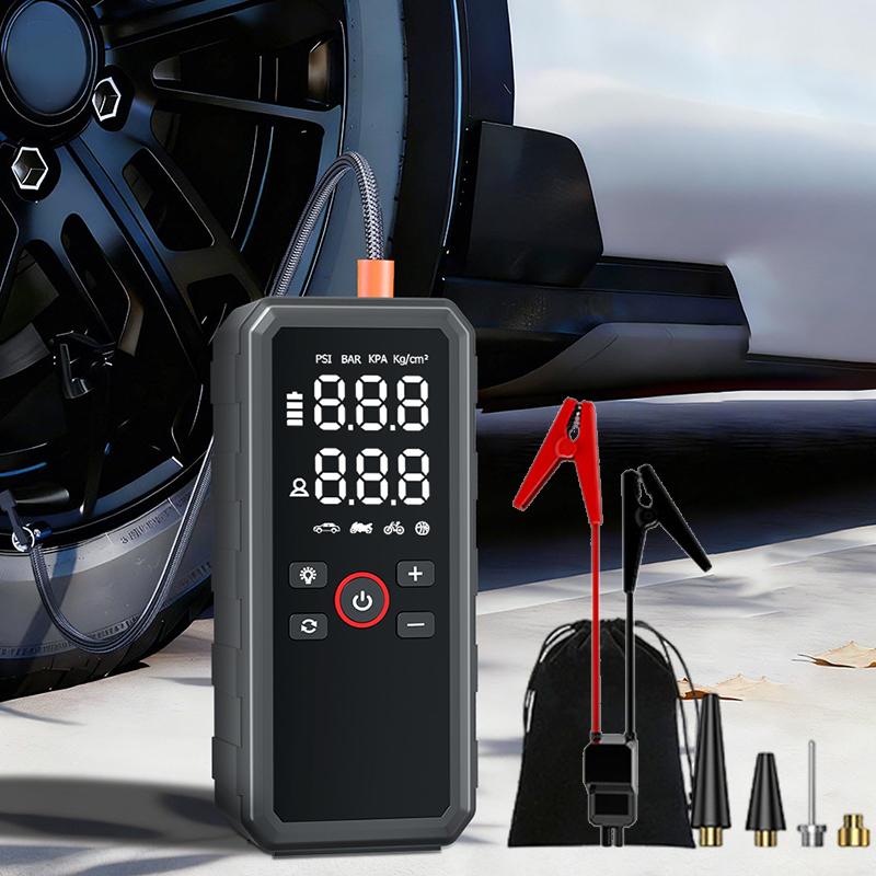 6000mAh Portable Car Jump Starter Air Compressor Wireless USB C Rechargeable with Power Bank LED Light 3 Lighting Modes Compact Lightweight Quick Inflation Tool for Cars Motorcycles Bikes Phones Home Road Trip Emergency Use