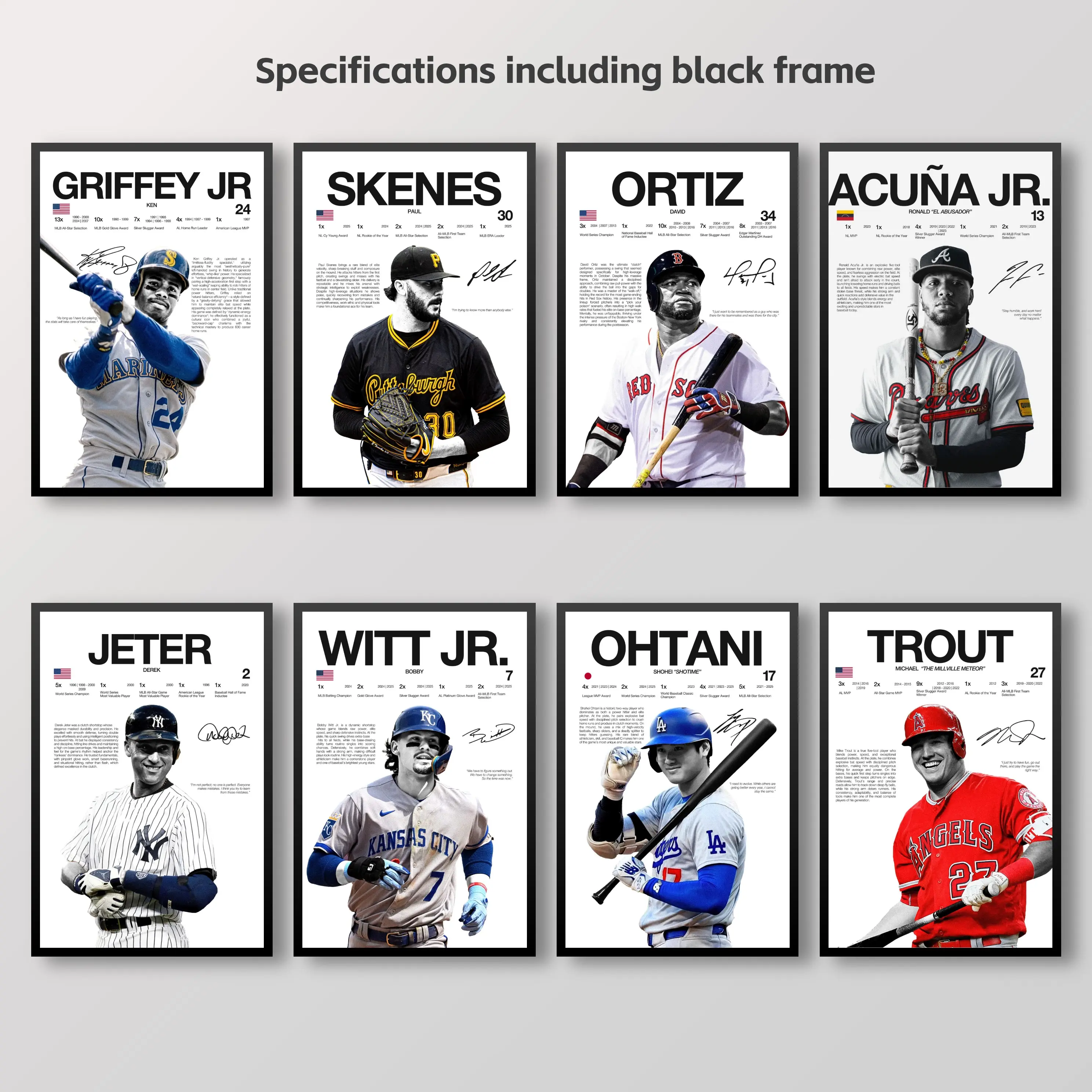 MLB Star Series Eco-Friendly Fade-Resistant Multi-Size Canvas Posters - Baseball Stars Wall Art Prints (Griffey, Skenes, Ortiz, Acuña, Jeter, Witt, Ohtani, Trout) - Man Cave, Bedroom, Coffee Area Decor & Gifts for Baseball Fans