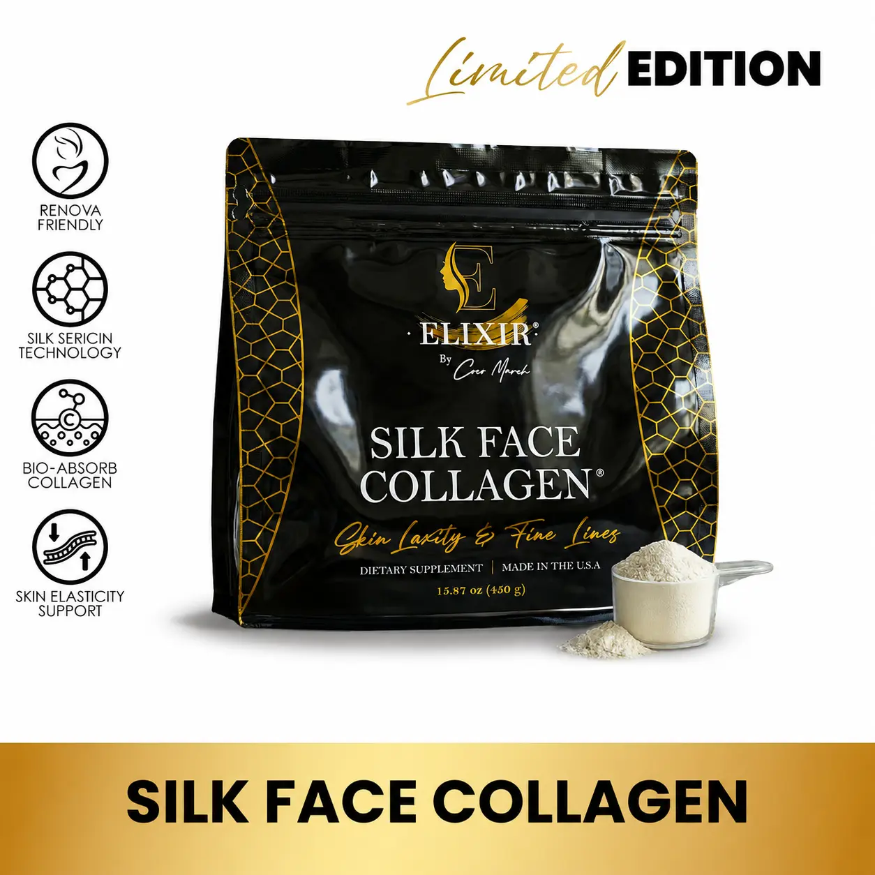 Cocó March Silk Face Collagen - Formulated for Face & Neck | Sericin-Activated Ultra Low Molecular Weight Collagen – Supports Skin Elasticity and Smooth Appearance – 14g Protein – 15.87 oz (450g) NO Taste-Dissolves Instantly
