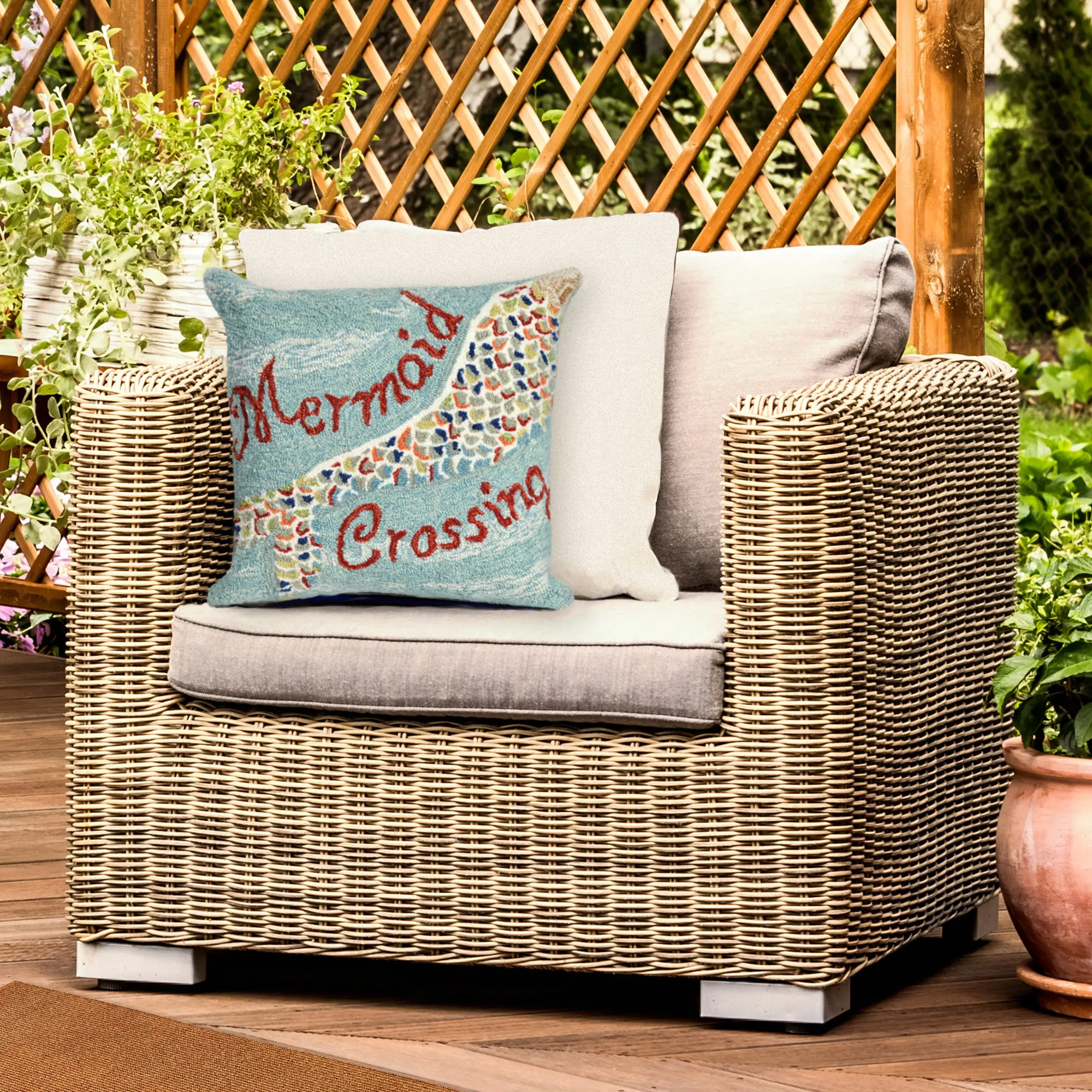 Lush Decor FRONTPORCH Handmade Indoor/Outdoor Pillow - Transitional Coastal Beach Nautical Themed, Colorful Letter Mermaid Tail Design, Outdoor Cushions for Chairs, Nursery Deck Home Decor