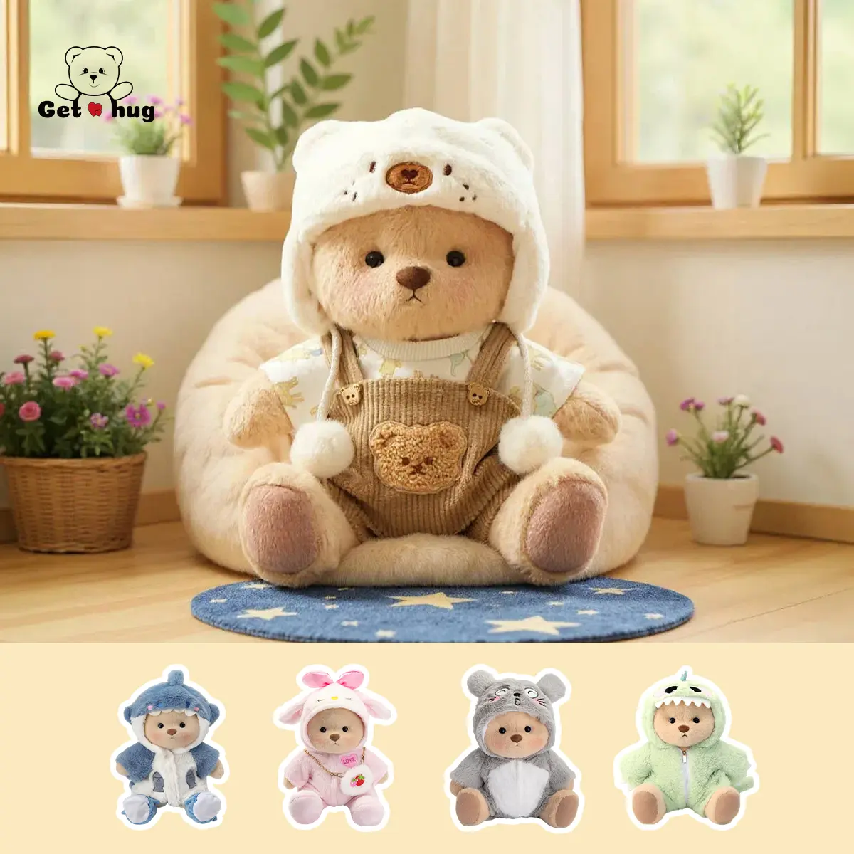 Getahug 12-inch Teddy Bear Plush Toy | Perfect as a gift for girls or girlfriends, coo cozy gifts, sohochic,comes with interchangeable outfits: plush hat, blue shark, pink dinosaur, plush elephant, and heart-shaped sweater. Medium. Build-A-Bear