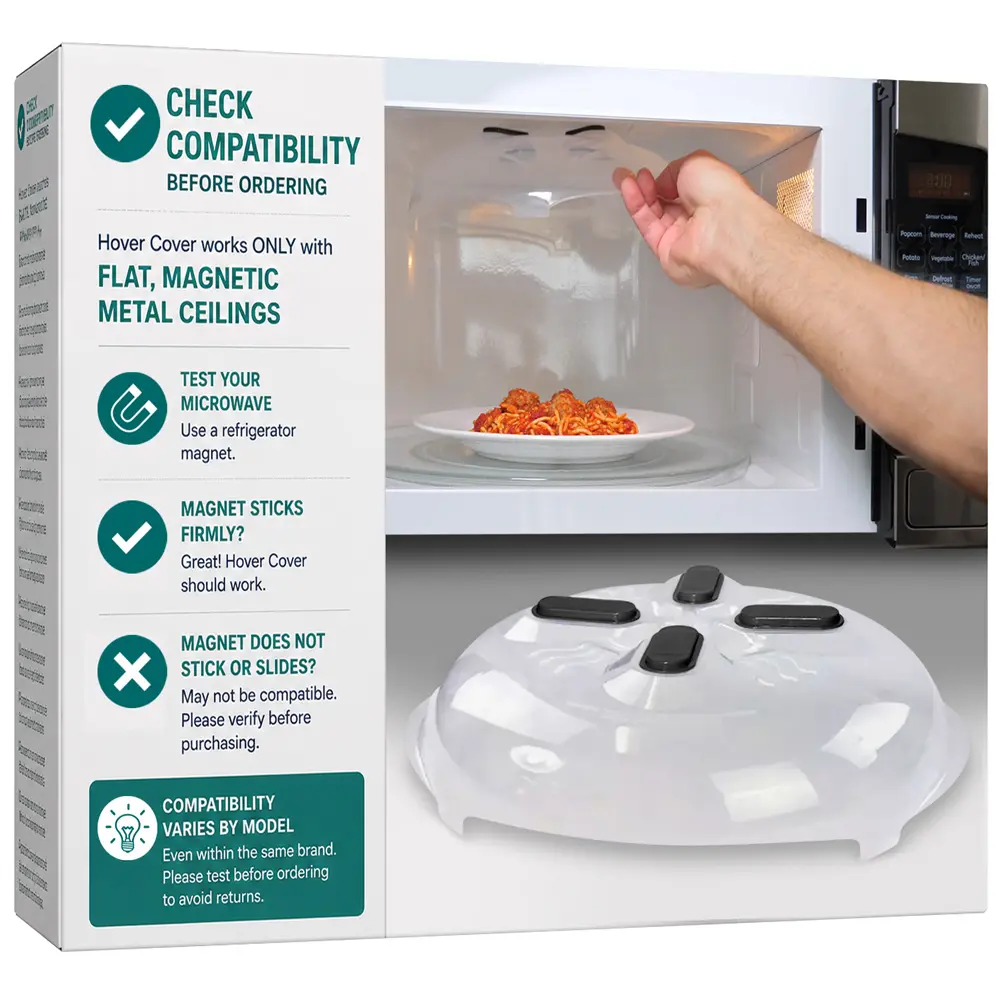 HOVER COVER Magnetic Splatter Cover, 12-Inch Clear BPA-Free Food Lid, Vented Plate Guard with Steam Vents, Anti-Splash Microwave Lid, Dishwasher Safe, Space-Saving Magnetic Storage