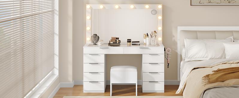 YITAHOME LED Vanity Desk Set with Large Mirror, 10 Drawers, 3-Color Lighting, Transparent Glass Top, Power Outlet, and Storage Bench for Makeup and Beauty