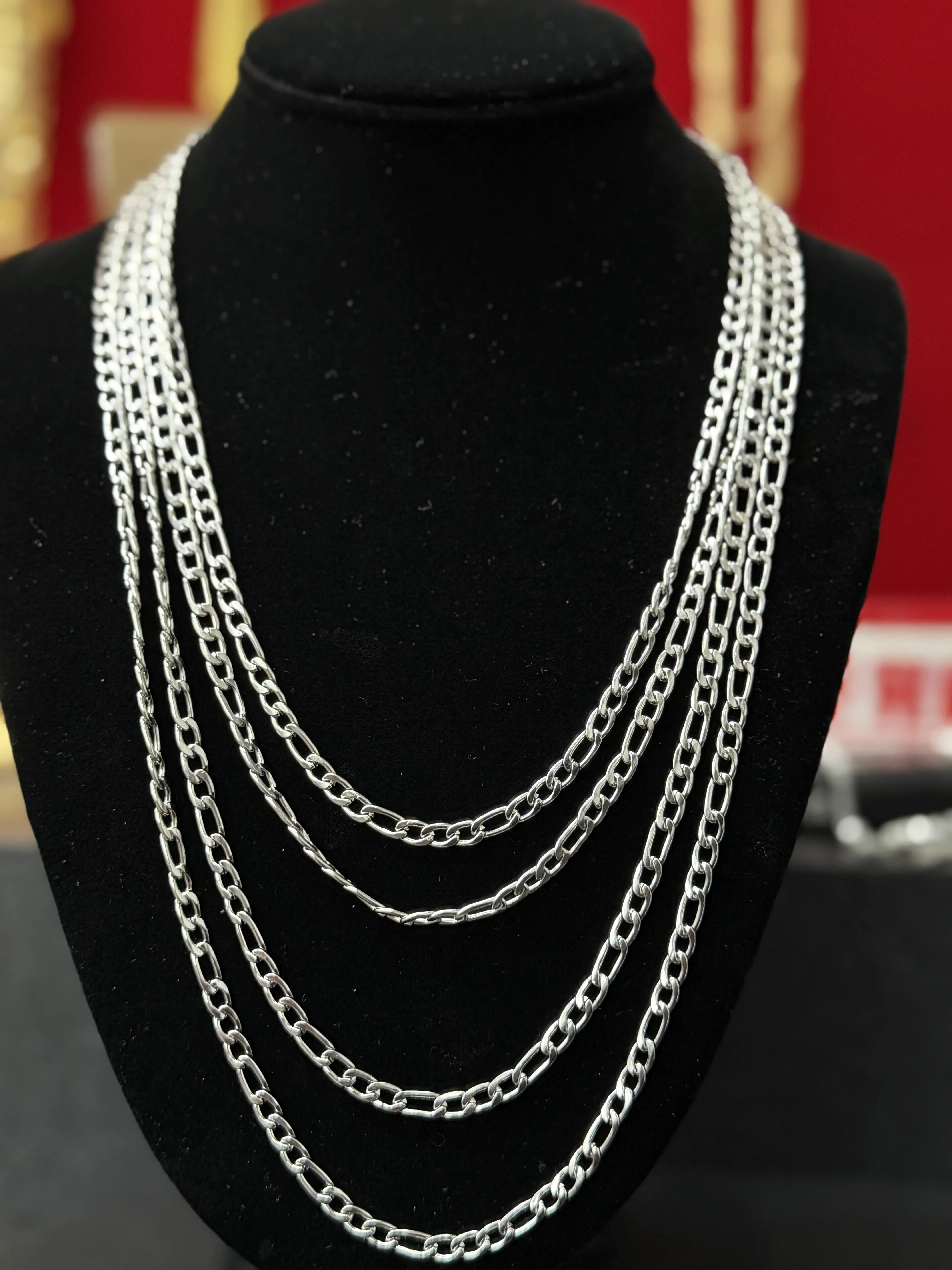 Unisex Silver Figaro Link Chain Necklace, Stainless Steel Jewelry, Multi-Size 1-Piece Party Wear Accessory, Classic, Figaro Links, One-Piece