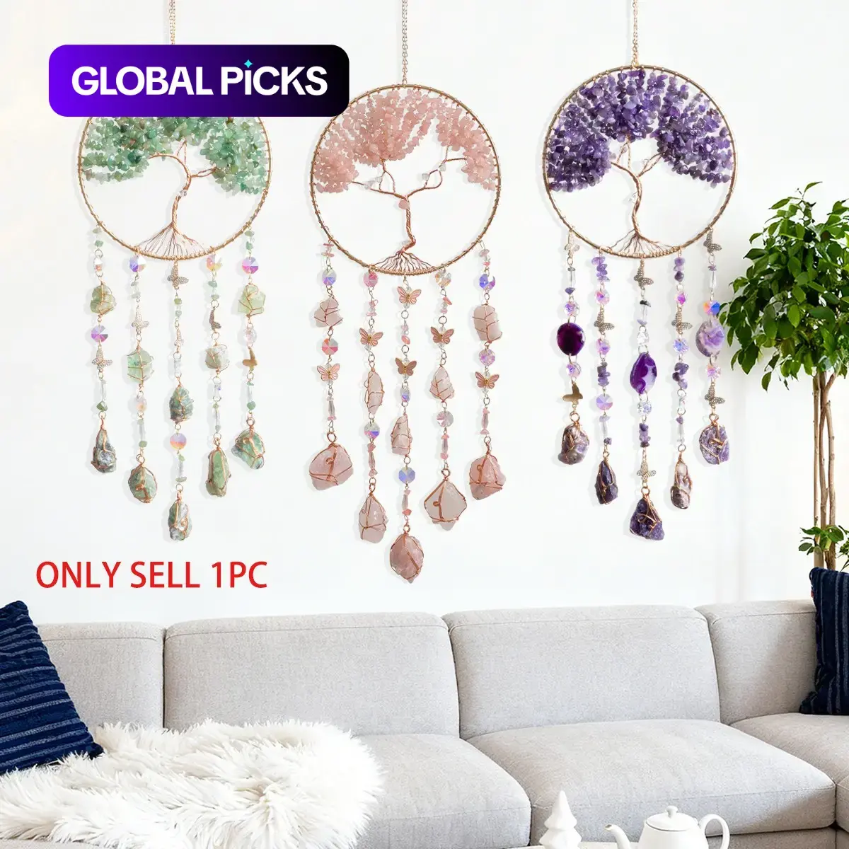 Tree of Life Dreamcatcher Sun-Catcher Wall Hanging, Natural Stone and Copper Wire Butterfly Crystal Pendant, Elegant Home Decor Items, Home Decor Products Hanging Decoration Gift #GLOBAL PICKS