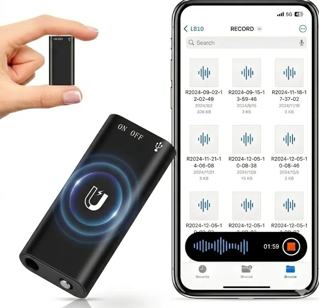 Ultra Mini And  Magnetic Recorder,Voice Activated,HD Noise Reduction, One-Touch Recording ,Long Battery ,Large Storage , Include OTG Adapter