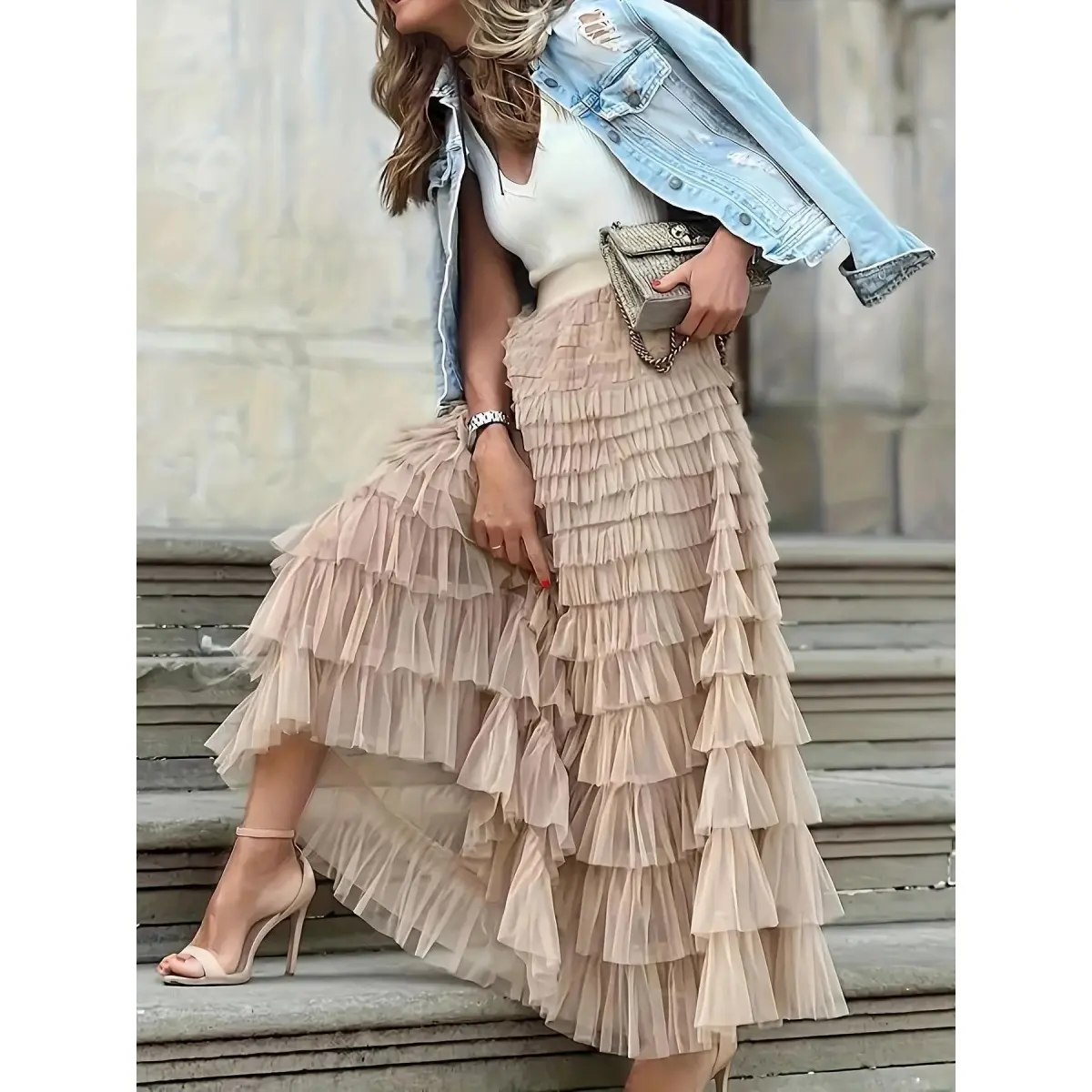 Women's High-Waist Polyester Knit Jersey Skirt - Fabric, Built-in Stretch, Decorative Details, Aesthetic Plain Ruffle Hem Tiered Layer, Above-the-Ankle Fit,All-Season Casual Chic Elegant Bottoms for Vacation, Holiday, Built-In Stretch M-L