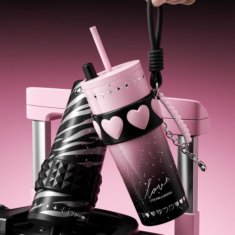 [Sidagar] 24oz Tumbler Water Bottle Cup For Women, Heart Silicone Band With Bracelet Charm, 316L Stainless Steel Ceramic-Coated Interior, Leak-Proof Straw Lid, Portable Drinkware Flask, Wide Mouth Easy Clean, Fits Car Cup Holder,Valentine's Day Gift